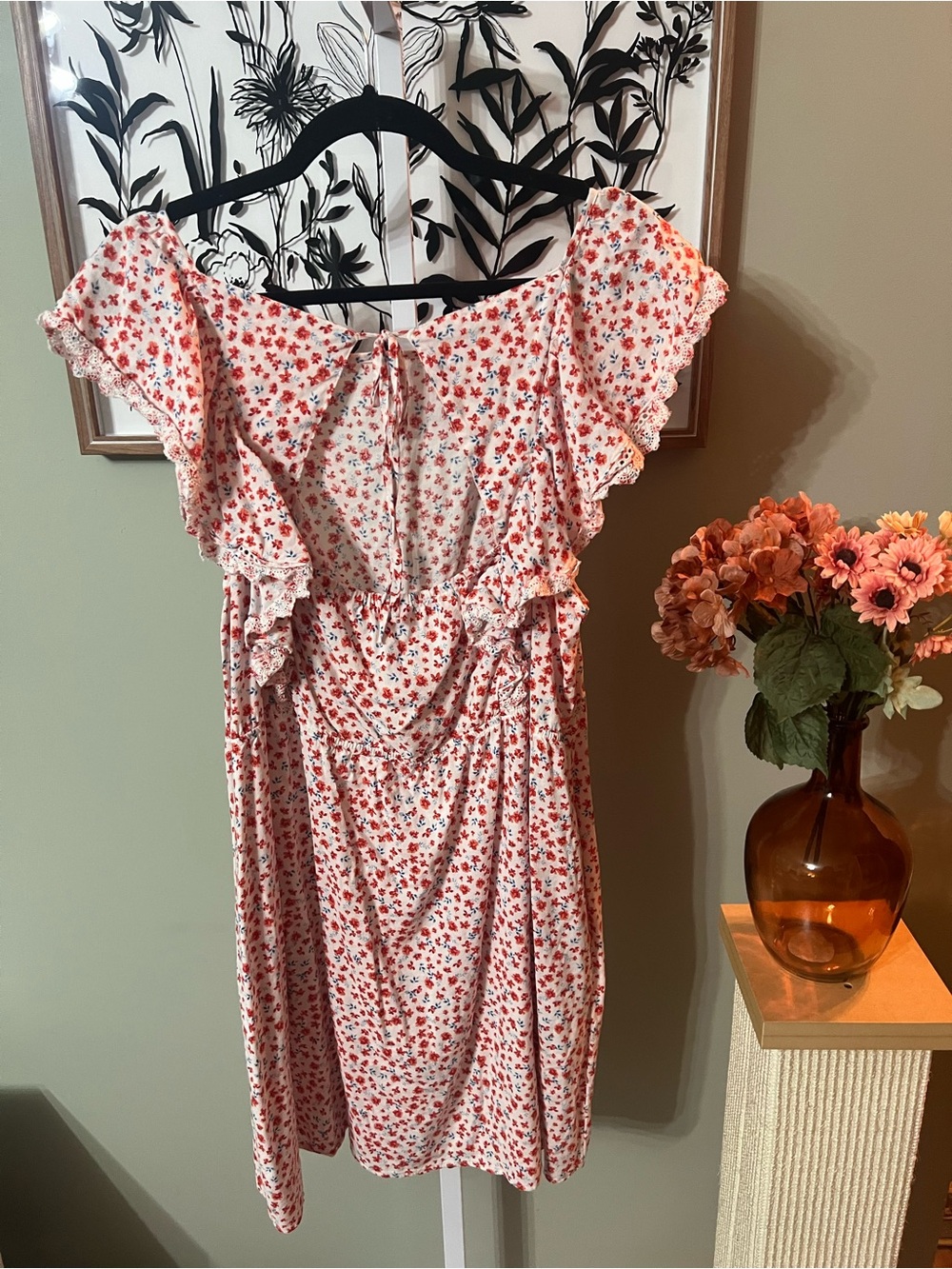 Old Navy White Red Floral Prairie Flutter Sleeve Tie Back Mini Dress Size 2X - Picture 6 of 9